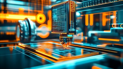 Fototapete - Futuristic Circuit Technology in Neon Orange and Blue for Innovative Design : Generative AI