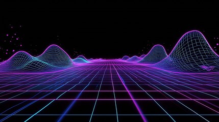 Poster - Retro-Futuristic Neon Grid Landscape with Vibrant Digital Waves on a Dark Background : Generative AI