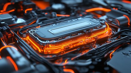Poster - Futuristic Technology Circuit Board with Vibrant Orange and Black Accents : Generative AI