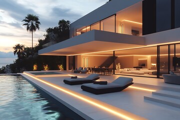 Poster - Modern luxury villa with pool and ambient lighting at dusk tropical setting : Generative AI