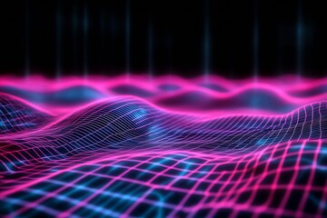 Fototapete - Abstract Neon Grid Waves Creating 3D Effect on Dark Background : Generative AI