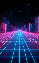 Poster - Futuristic Neon Cityscape with Gridded Floor and Starry Night Sky : Generative AI
