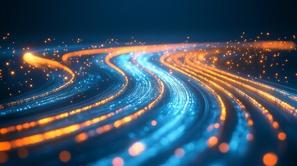 Leinwandbilder - Futuristic Glowing Blue and Orange Light Trails on Dark Background : Generative AI
