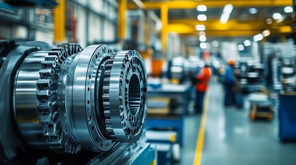 Aufkleber - Closeup of Industrial Machinery Components in Modern Factory Setting with Engineers Working in Background : Generative AI