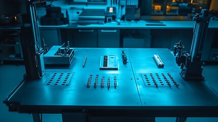 Aufkleber - Modern Industrial Laboratory with Advanced Machining Tools and Equipment in Blue Lighting : Generative AI