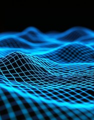 Poster - Abstract Blue Neon Waves with Grid Pattern on Black Background Conceptual 3D Illustration : Generative AI