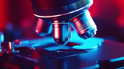 Poster - Closeup of Microscope Objectives with Red and Blue Highlights for Scientific Research and Discovery : Generative AI