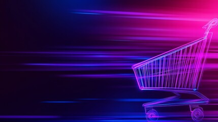 Fototapete - Dynamic Neon Shopping Cart with Purple Pink and Blue Lights on Dark Background : Generative AI
