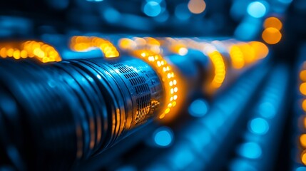 Aufkleber - Orange and Blue LED Cylindrical Light Network in a Futuristic Technology Setup : Generative AI