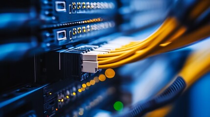 Aufkleber - High-Speed Network Data Center Close-Up with Connected Cables and Routers : Generative AI