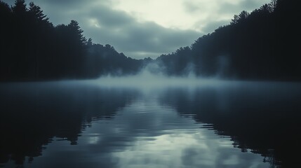 Poster - Serene lakeside landscape with mist and reflections creating a tranquil atmospheric setting : Generative AI
