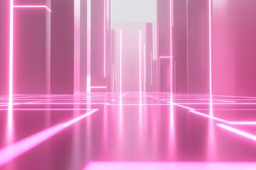 Aufkleber - Vibrant Pink Neon Cyberpunk Cityscape With Futuristic Architectural Structures and Reflections : Generative AI