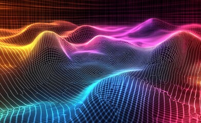 Leinwandbilder - Dynamic 3D Waveform Illustration with Colorful Neon Geometric Mesh Design : Generative AI