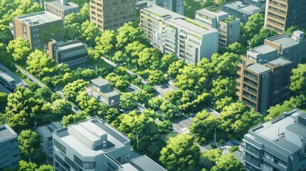 Sticker - A modern urban area with thriving greenery, emphasizing coexistence of biodiversity and development