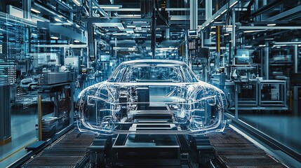 Aufkleber - Futuristic Car Manufacturing Process in Advanced Automated Assembly Facility : Generative AI