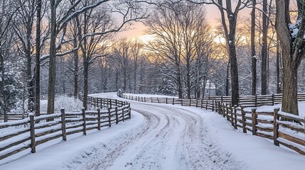 Wall Mural - Snow-covered country road at sunrise.