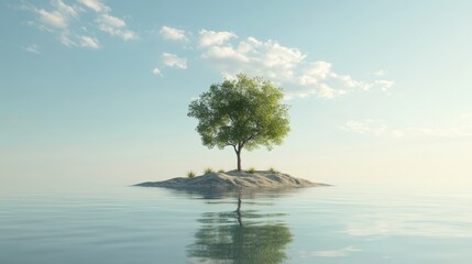 Poster - A picturesque island with a single tree surrounded by glassy waters under a peaceful, clear sky