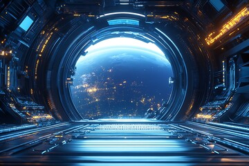 Poster - Advanced Spacecraft Observation Window Revealing Earth and Distant Stars : Generative AI