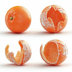 Wall Mural - Fresh orange fruit with one whole and three sections showcasing vibrant color and textured skin on a white background