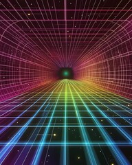 Poster - Vibrant Colorful Cyber Space with Neon Grid and Depth Perspective Sci-Fi Art : Generative AI