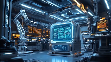 Poster - Futuristic data processing center with robotic automation and displays : Generative AI