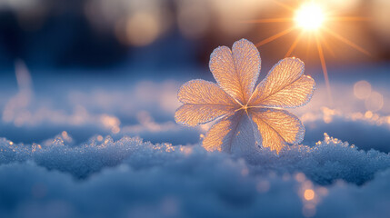 Poster - A close-up of a frosted clover leaf sparkling in the sunlight, with a starburst effect emanating from the center, displayed on a snowy plain background,,