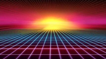 Poster - Digital Horizon with Vibrant Neon Colors and Grid Illusion Creating a Futuristic Sci-fi World : Generative AI