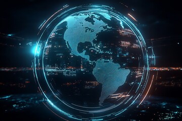 Poster - High-Tech Global Network Concept with a Blue Digital Earth Grid Interface : Generative AI