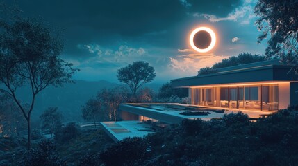 Wall Mural - Serene Night: Modern Villa Under Eclipse