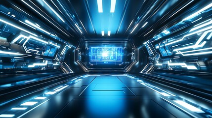 Aufkleber - Sci-Fi Themed Futuristic Hallway with Blue Neon Lighting and High-Tech Digital Elements : Generative AI