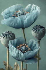 Poster - An artistic depiction of blue-tinged poppy seed heads with textured surfaces, isolated against a minimalistic soft green background,,