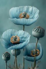 Poster - An artistic depiction of blue-tinged poppy seed heads with textured surfaces, isolated against a minimalistic soft green background,,