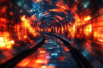 Leinwandbilder - Futuristic Vivid Neon Tunnel with Abstract Light Reflections for SciFi Concept Art : Generative AI