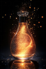 Poster - A golden sparkling silhouette of a perfume bottle, glowing with delicate particle effects, displayed on a plain black background,,
