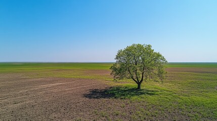 Canvas Print - A single tree in a scenic field of green grass and brown soil, with a tranquil blue sky overhead