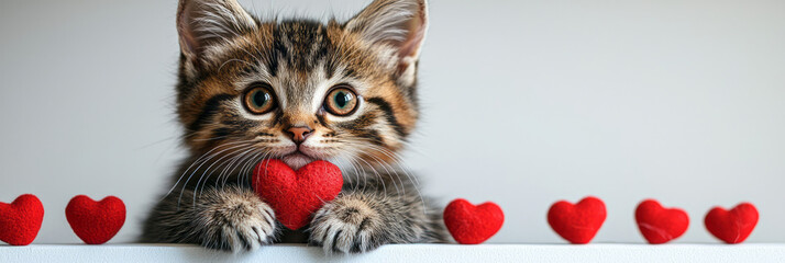 Poster - A cute tabby kitten holding a red heart, breaking through a wall with scattered red hearts around, displayed on a plain white background,,