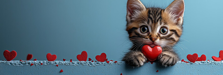 Poster - A cute tabby kitten holding a red heart, breaking through a wall with scattered red hearts around, displayed on a plain white background,,