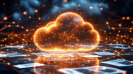 Poster - Futuristic cloud technology with vivid orange glow symbolizing data and connectivity : Generative AI