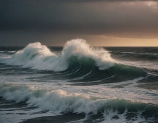 Wall Mural - landscape sea waves in storm, realistic illustration