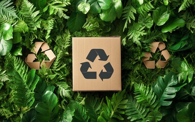 Poster - Modern ecothemed icons on cardboard packaging, with minimalist recycling and sustainability designs, layered over a lush green textured background