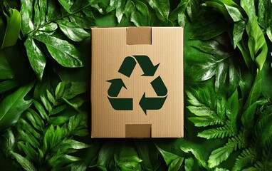 Poster - Modern ecothemed icons on cardboard packaging, with minimalist recycling and sustainability designs, layered over a lush green textured background