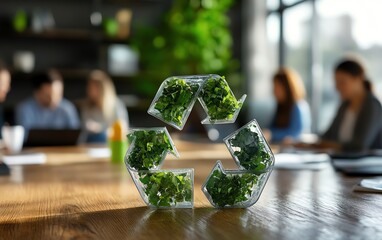 Aufkleber - Modern office business meeting, with a team working on sustainability plans and recycling strategies, with a focus on green technology and ecoconscious designs