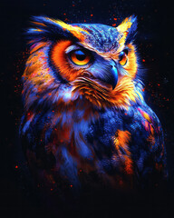 Poster - An artistic representation of an owl with bright neon plumage and piercing eyes, placed on a minimalistic plain black background,,
