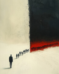 Poster - An artistic representation of a split road with symbolic choices, featuring a lone figure diverging from the crowd, placed on a minimalistic plain beige background,,