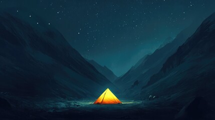 Wall Mural - A solitary orange tent glowing brightly in a dark mountainous valley under a star-filled sky