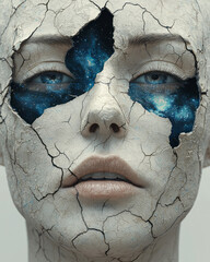 Aufkleber - An artistic depiction of a broken face mask with a cosmic universe and stars visible inside, isolated on a solid light grey background,,