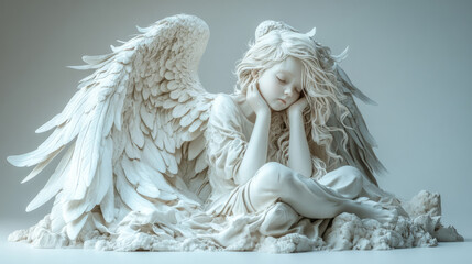 Poster - A conceptual artwork of a child with detailed, soft white wings, positioned in a serene pose, isolated on a solid light grey background,,