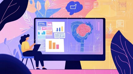 Silhouette of a person in front of a screen filled with digital data, codes, and futuristic interface elements. Concept of technology and cyber themes. Generative by AI.