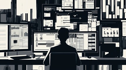 Silhouette of a person in front of a screen filled with digital data, codes, and futuristic interface elements. Concept of technology and cyber themes. Generative by AI.