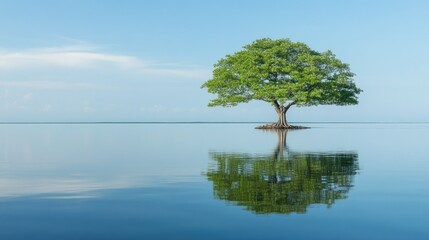 Canvas Print - A solitary tree in the middle of calm waters, its reflection mirrored perfectly under a serene sky